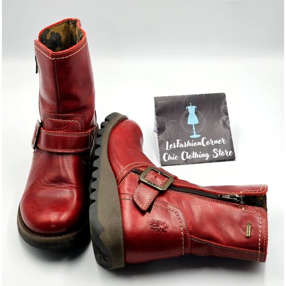 Fly London Women's Red  Leather Seku Wedge Buckled Ankle Boots Sz (5.5) 36 2907 - Picture 9 of 16